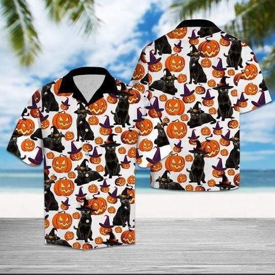 Felacia [Hawaii Shirt] Black Cat Halloween Pattern Hawaiian Aloha Shirts-ZX1590